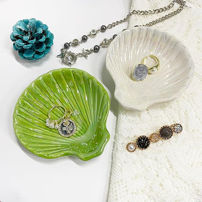 Trinket Dish Shell, Ceramic Jewelry Dish Seashell, Seashell Shape Jewelry Holder Plate for Rings Earrings Necklaces Bracelet, Decorative Tray for Mom Friend Sister, 3.9", Green Iridescent Surface