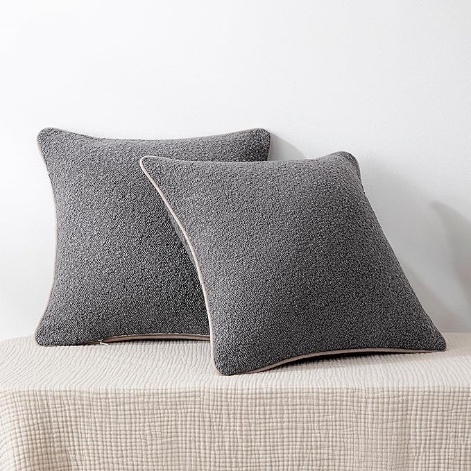 Amazon Basics Boucle Throw Pillow Covers for Couch, Living Room, Home Decor with Hidden Zipper, Grey, 22×22in, Pack of 2