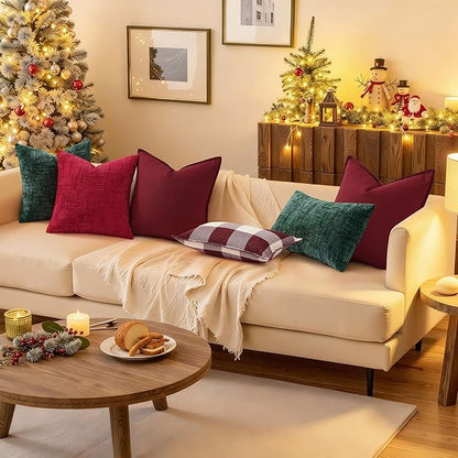 decorUhome Christmas Red Chenille Throw Pillow Covers 26x26 Set of 2 Thick Textured Slubby Couch Pillow Covers Farmhouse Accent Modern Neutral Decorative Pillow Cases for Bed Sofa Living Room