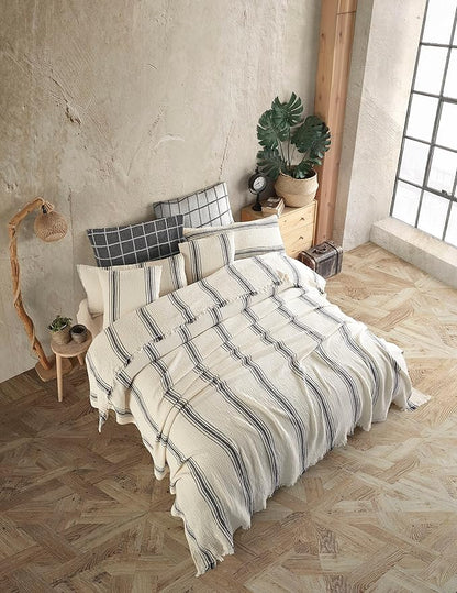 Bohemian 4 Layers Gauze Lightweight Throws,Cotton Muslin Throw Blanket,Breathable Coverlet, 4 Layer Bed Cover (Beige with 5 Stripes, Oversized 100 x 110 inches)
