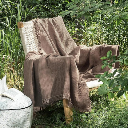MooMee Muslin Blanket - 100% Cotton 4-Layer Gauze Throw Blanket with All-Around Fringe Ultra-Soft Breathable Lightweight Cooling for Bed Couch (Brown,Twin XL 66" x 90")
