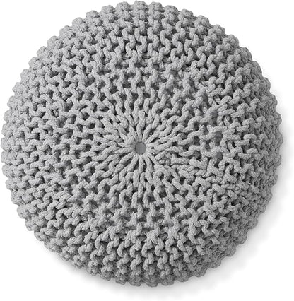 Casafield Round Pouf Ottoman, Light Gray - 20" Diameter x 14.5" High Cotton Knit Foot Stool - Boho Floor Pouffe for Living Room, Bedroom, Home Office
