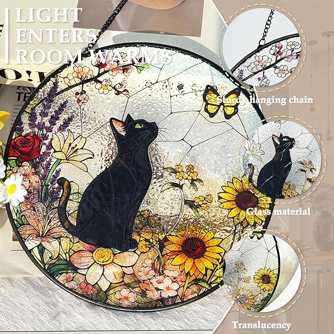 Cat Stained Glass Suncatcher Window, Hanging Sun Catchers Indoor Window, Suncatcher for Mom/Women (Black)