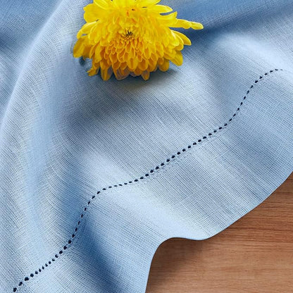 Solino Home Linen Cloth Placemats Set of 4-100% Pure Linen Hemstitch Cornflower Blue Placemats 14 x 19 Inch - Classic Hemstitch Table Place Mats for Holiday, New Year