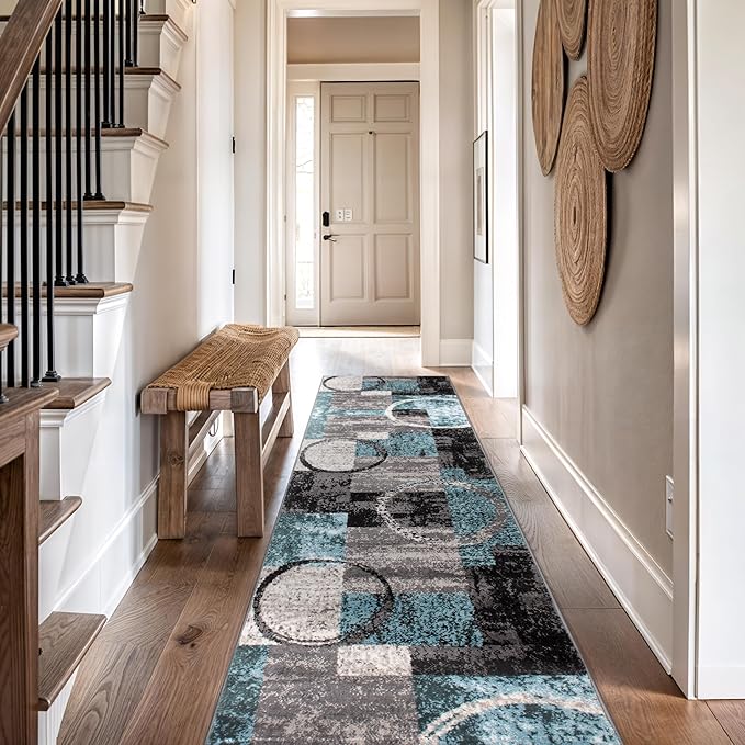 Rugshop Contemporary Circle Design Runner Rug, Non-Shedding Carpet for Hallway, Kitchen, or Entryway, Gray, 2'7" x 12'