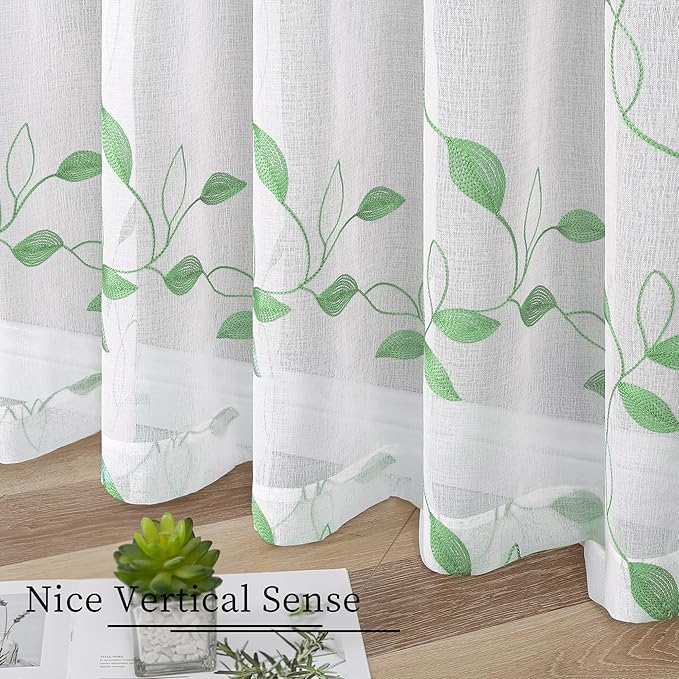 Tollpiz Green Leaf Sheer Curtains Leaves Embroidered Living Room Curtain Rod Pocket Voile Window Treatments for Bedroom, 54 x 63 inches Long, Set of 2 Panels