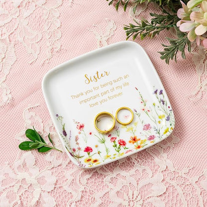 Crisky Jewelry Ring Dish for Sister Birthday Gifts, Thinking of You Gift for Sister Thanksgiving Day Christmas Graduation Gift Ideas (Love You Forever) Floral Thrinket Tray