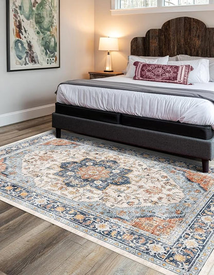 vivorug 5x7 Area Rugs - Boho Ultra-Thin Washable Rug with Non-Slip Backing, Ideal for Living Room, Bedroom, Kitchen Floor Carpet - Vintage Floral, Easy Clean, Durable, Low Pile Orange/Navy