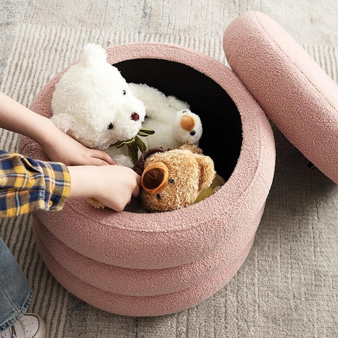 Flouki 20.1" Storage Ottoman Round, Vanity Stools for Bedroom, Sherpa Pouf Ottoman with Removable Lid, Modern Ottoman Stool for Girls Women, Foot Stool for Living Room, Pink