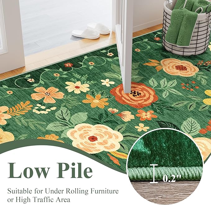 DUKINO 6x9 Area Rug, Floral Rugs for Living Room, Lightweight Non Slip Washable Rug, Indoor Low Pile & Non-Shedding Boho Design Rugs for Bedroom, Living Room, Dining Room, Dark Green