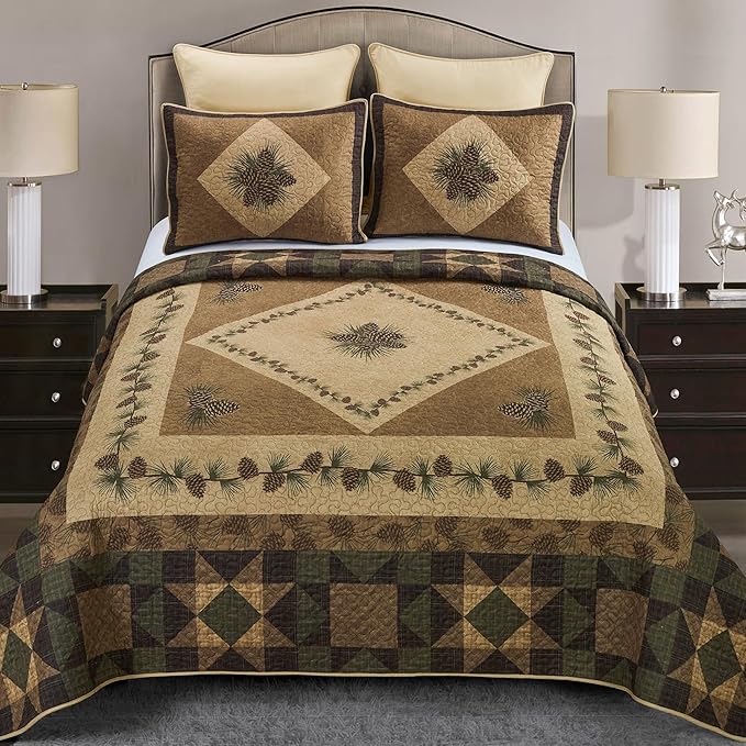 Donna Sharp King Polyester Bedding Set - 3 Piece - Antique Pine Lodge Quilt Set with King Quilt and Two King Pillow Shams - Machine Washable