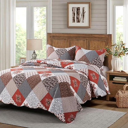 HoneiLife Quilt Set Queen Size - 3 Piece Microfiber Bedspread Reversible Coverlet Patchwork Bedding Set Lightweight Bedcover Floral Bedspreads All Season Quilts-Amaranth Red