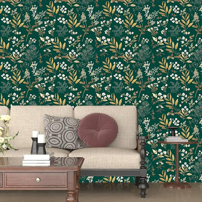 Dark Green Floral Wallpaper Peel and Stick Green Golden Leaf Wallpaper Vintage Floral Contact Paper Waterproof Self Adhesive Boho Delicate Wall Paper for Cabinet Rooms Walls Locker 17.5" x 118"