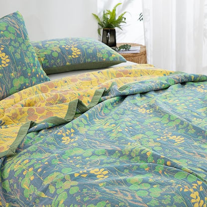 100% Cotton Muslin Botanical Blanket Jacquard Floral Plants Pattern Quilt, Soft Bed Cover Lightweight Breathable Gauzy Reversible Bedspread Coverlet Bedding Twin(59"x94"), No Pillow Sham