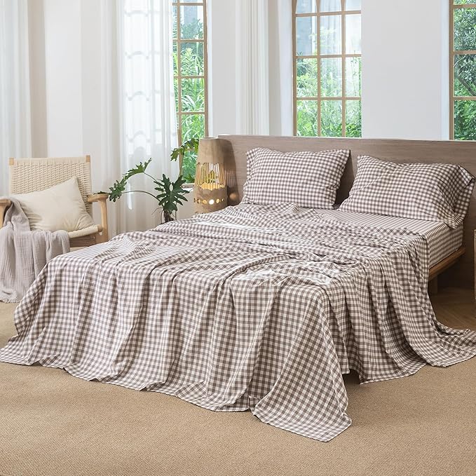 MooMee Gingham Sheet Set 100% Washed Cotton Linen Like Textured Breathable Soft w/Fully Elasticized 16-19" Deep Pocket (Classic Gingham Brown, King)