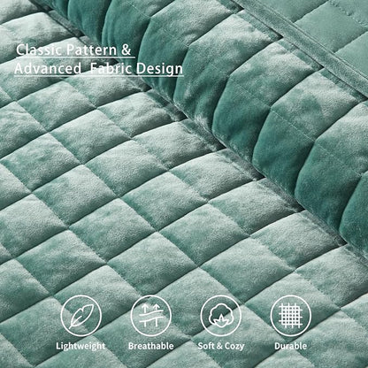 LEAONME Velvet Quilt Oversized California King-120''x120'', Lightweight Aqua Green Velvet Comforter Set with 2 Pillow Shams, Oversized Bedspread Coverlet Quilted Bedding Set for All Season