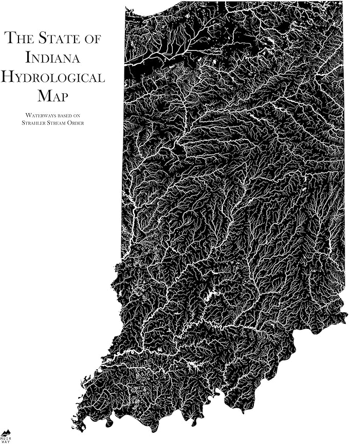 Muir Way Hydrological River Map of Indiana - Watershed Topographic Wall Art for Home, Office, or Travel Decor - Unframed Flat Paper Print, 24x30