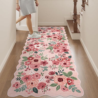 DUKINO 2x5 Washable Runner Rugs, Non Slip Floral Print Entryway Rug with Soft Low Pile, Lightweight Mat for Living Room, Bathroom, Bedroom, Kitchen, Pink