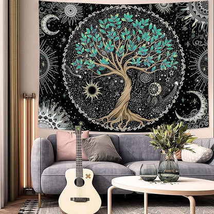 Rexful Tree of Life Tapestry Green Wall Art for Bedroom Spiritual Aesthetic Sun and Moon Tapestries Wall Hanging Decor (60''×44'')