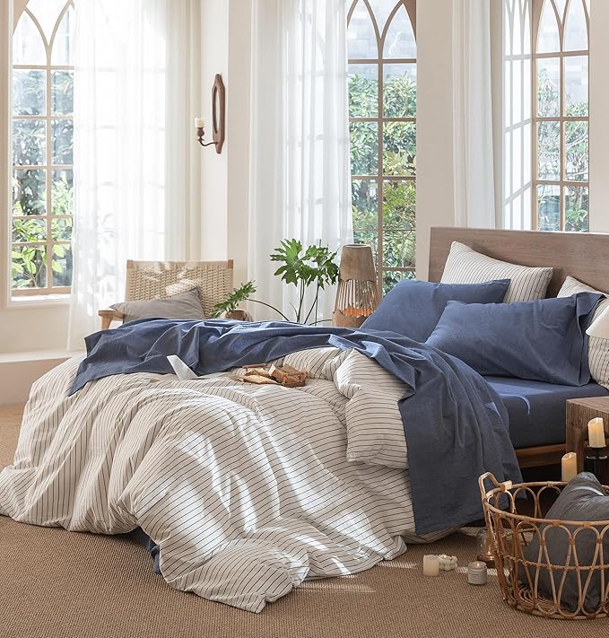 MooMee Bedding Sheet Set 100% Washed Cotton Linen Like Textured Breathable Durable Soft Comfy (Heathered Blue, Twin)