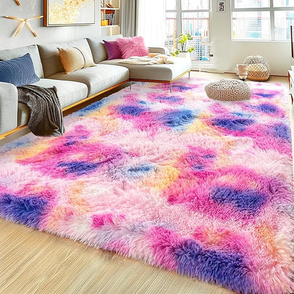 Large 9x12 Area Rugs for Living Room, Ultra Soft Shag Living Room Rug Thick Fluffy Rug for Bedroom, Plush Fuzzy Carpet for Girls Boys Kids Room Non Slip Dorm Rugs for Home Decor Aesthetic Dark Rainbow