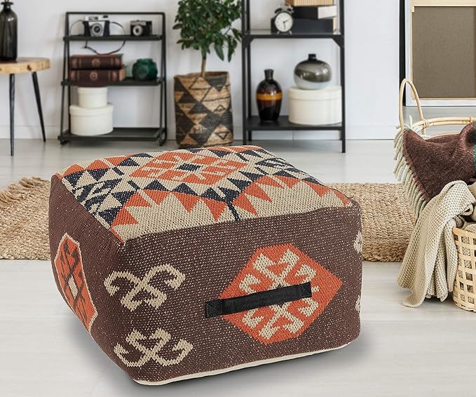 L. R. Resources, Inc. LR Home Handmade Bohemian Brown/Orange Cotton Square Pouf Ottoman for Home Decor | Indoor Foot Rest for Bedroom & Living Room Decor | 18 x 18 x 12 Stuffed Ottoman for Seating
