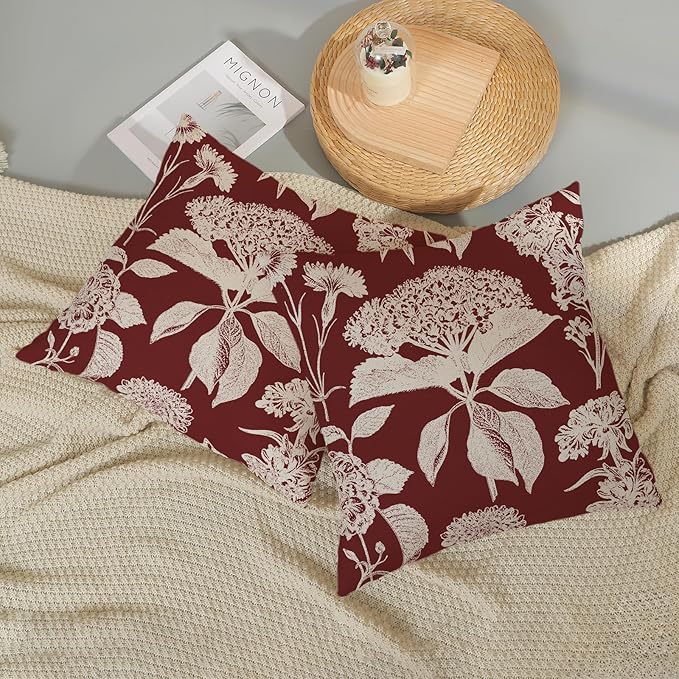 Burgundy Red Pillow Covers 18x18 Set of 2 Vintage Boho Herbs Botanical Floral HydrangeaThrow Pillows Outdoor Flower Decorative Pillow Cases Linen Farmhouse Cushion Case for Couch Sofa Decor