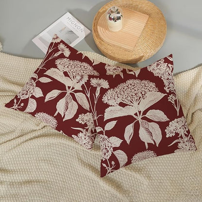 Burgundy Red Pillow Covers 18x18 Set of 2 Vintage Boho Herbs Botanical Floral HydrangeaThrow Pillows Outdoor Flower Decorative Pillow Cases Linen Farmhouse Cushion Case for Couch Sofa Decor