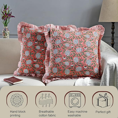 Ridhi Modern Farmhouse Pillow Covers Decorative Cotton Throw Pillow Covers Set of 2 Dark Salmon Pink Cushion Covers with Ruffle for Couch Sofa Bed Living Room Spring Home Decor 20x20