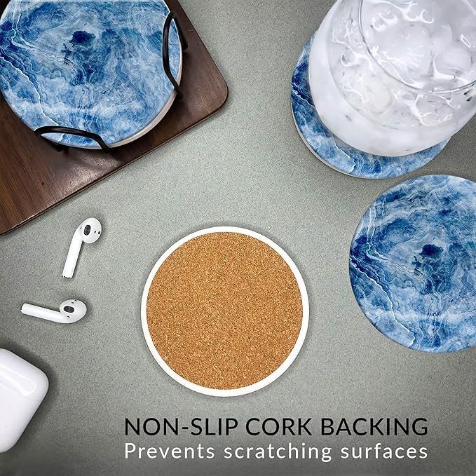Emerson Coasters for Drinks Absorbent – Natural Stone Drink Coasters Set with Holder, Coasters for Coffee Table, Wooden Tabletop Protection Marble Style – 100% Heavy Duty Set of 6 (Glacier)