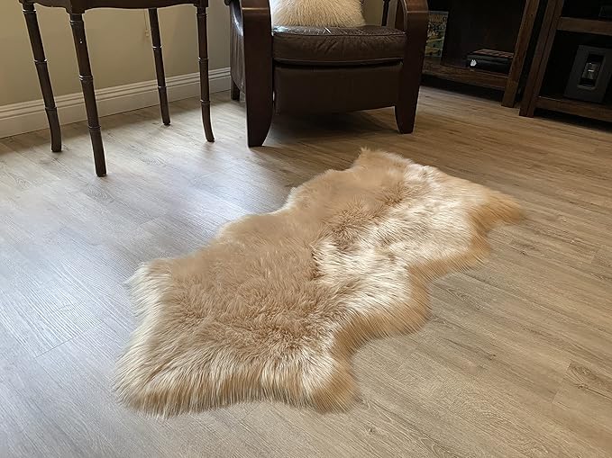 LAMBZY Faux Sheepskin Super Soft Hypoallergenic Silky Shag Rug for Living Room, Kids Room, Sofa (Single and a Half 2'x4'6", Beige)