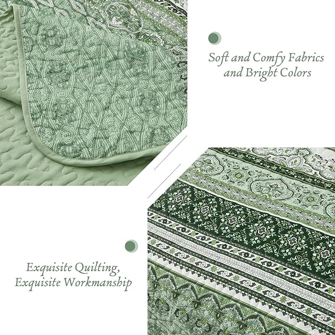 WONGS BEDDING Boho Queen Quilt Set, Light Green Bohemian Quilt Bedding Set, Lightweight Bed Decor Bedspread for All Season Reversible Microfiber Coverlet Bedding Set 96"x90"(3 Pieces)