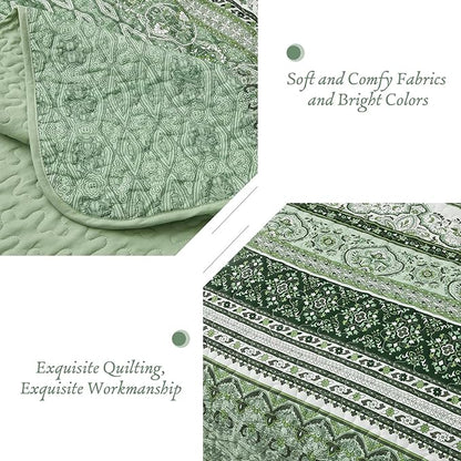 WONGS BEDDING Boho King Quilt Set, Light Green Bohemian Quilt Bedding Set, Lightweight Bed Decor Bedspread for All Season Reversible Microfiber Coverlet Bedding Set 103"x90"(3 Pieces)