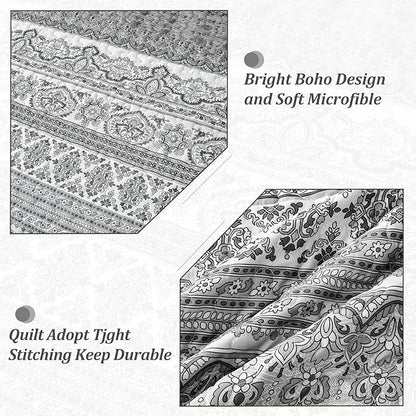 WONGS BEDDING Boho King Quilt Set, Grey Bohemian King Quilt Bedding Set, Lightweight Microfiber Bed Decor Bedspread for All Season 103"x90"(3 Pieces)