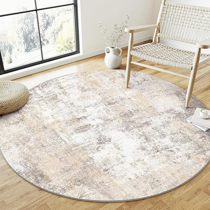 3x3 Washable Round Rug Beige Grey Abstract Entryway Area Rug Neutral Modern Non Slip Soft Low Pile Small Carpet for Bathroom Kitchen Living Room Bedroom