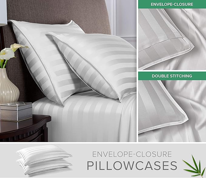 Queen Pillowcases by Pure Bamboo, Genuine 100% Organic Viscose Derived from Bamboo, Luxuriously Soft & Cooling, Double Stitching, Envelope Closure (2 Queen Pillowcases, Jacquard White)
