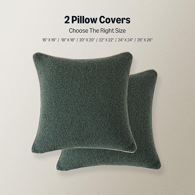 Amazon Basics Boucle Throw Pillow Covers for Couch, Living Room, Home Decor with Hidden Zipper, Green, 26×26in, Pack of 2
