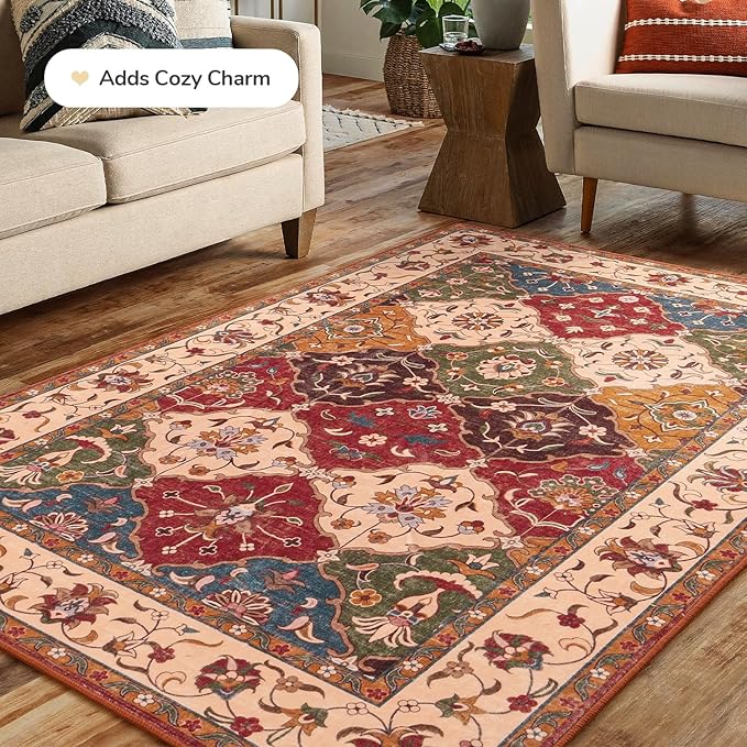 Lessymo Moroccan Area Rugs 3x5, Fauxwool Washable Area Rug for Bedroom Entryway Living Room, Non-Slip Multicolor Oriental Rug, Low Plie Boho Vintage Area Rug, Kid & Pet Friendly, Classic Red and Cream