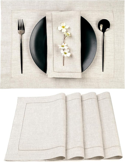 D'Moksha Homes Light Natural Linen Cloth Placemats Set of 4-100% Pure Linen Hemstitch Placemats 14 x 19 Inch - Classic Hemstitch Table Place Mats for Valentines - Handcrafted, Machine Washable