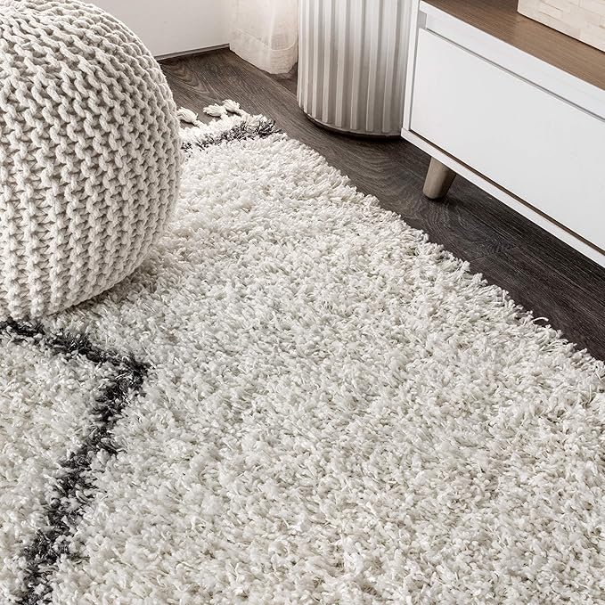 JONATHAN Y Mercer Shag Plush Tassel Cream/Gray Indoor Area Rug, 5x8, Moroccan Geometric Trellis, Bohemian, Easy-Cleaning for Living Room, Bedroom, Kitchen, Pet Friendly, Non-Shedding (MCR103B-5)
