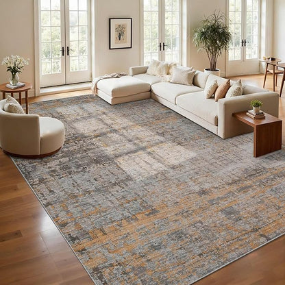 9x12 Area Rug for Living Room, Extra Large Washable Rug, Soft Taupe Abstract Rug for Bedroom, Office, Farmhouse, Low Pile Imitation Wool Non Slip Carpet Ideal for High-Traffic Areas