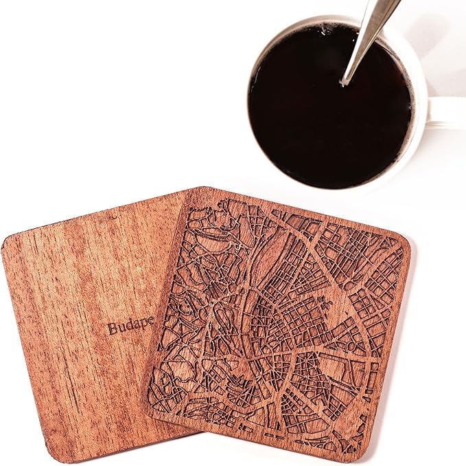 Budapest Map Coaster by O3 Design Studio, Set Of 4, Sapele Wooden Coaster With City Map, Handmade