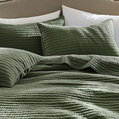 WDCOZY 100% Cotton Twin Size Quilt Set - Olive Green Striped Pick Stitch Soft Lightweight Bedspread, Textured Like Linen, Farmhouse Country Rustic Coverlet, Shabby Chic Gauze Bedding, 2 Pieces