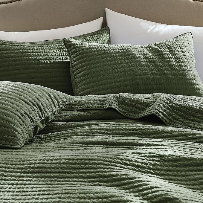 WDCOZY 100% Cotton Queen Size Quilt Set - Olive Green Striped Pick Stitch Soft Lightweight Bedspread, Textured Like Linen, Farmhouse Country Rustic Coverlet, Shabby Chic Gauze Bedding, 3 Pieces