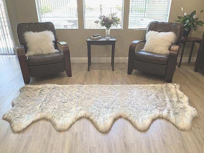 LAMBZY Faux Sheepskin Super Soft Hypoallergenic Silky Shag Rug for Living Room, Kids Room, Sofa (5 Pelts Side by Side 3'x10', White/Black Tips)