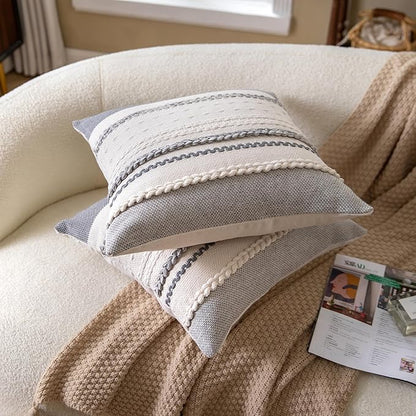Boho Throw Pillow Covers 18x18 Inch Set of 2, Grey Textured Decorative Couch Pillow Cases for Farmhouse Home Decor, Accent Cushion Cover for Sofa, Bed, Living Room, Bedroom