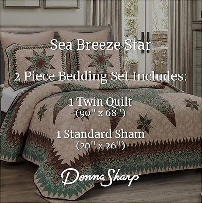 Donna Sharp Contemporary Polyester Quilt Set - Sea Breeze Star - 2-Piece Twin Size Quilt Set, Includes Quilt, and Pillow Sham Perfect for Coastal and Souhtwest Decor