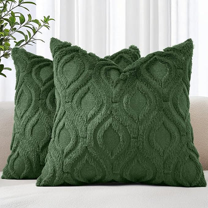 decorUhome Spring Throw Pillow Covers 18x18 Inch Set of 2, Soft Plush Faux Wool Forest Elf Solid Couch Pillow Covers, Accent Farmhouse Neutral Square Pillow Cases for Sofa Bed Living Room