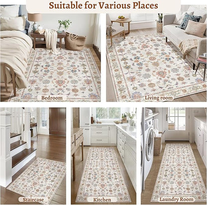 Tangsoo Washable Area Rug, 8x10 Pottery Barn Neutral Floral Large Rugs for Bedroom Living Room, Vintage Boho Non Slip Low Pile Beige Carpet for Farmhouse Nursery Office Laundry, Pet & Child Friendly