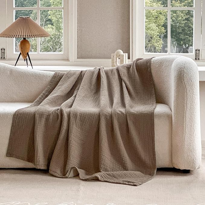 FALUCA Cotton Muslin Reversible Blanket 50x60 Inches for Bed, Couch, Four Layers Blanket, Soft Lightweight Cozy Breathable Farmhouse Decoration for All-Season, Brown